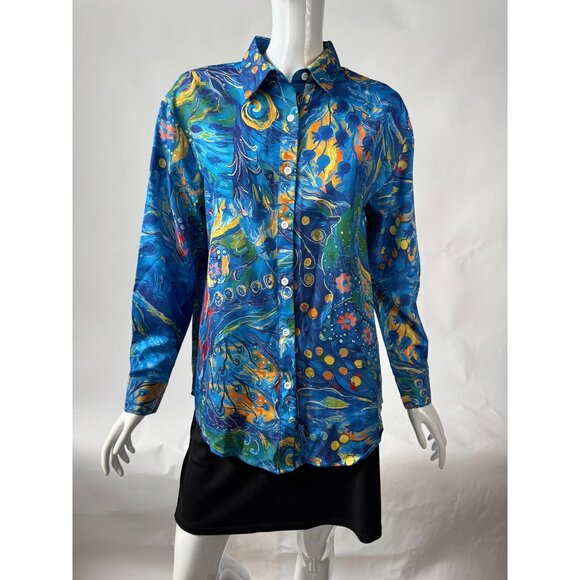 Womens S Button-Up Shirt Blue & Multicolor Abstract Print - Picture 11 of 16